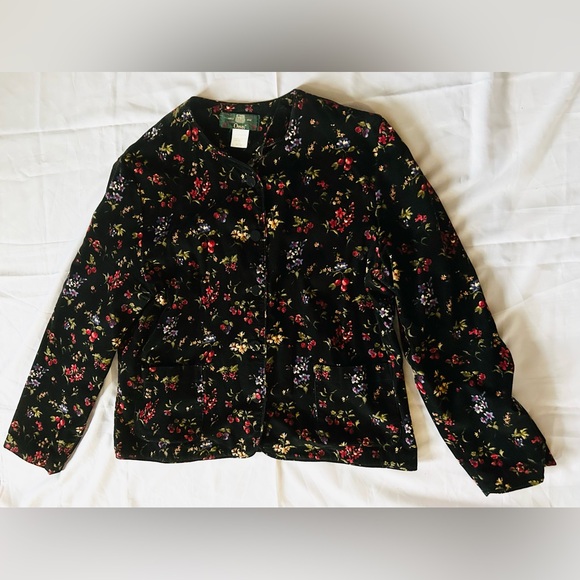Orvis Ladies Jacket Size 16 Pinwale Corduroy Black Floral Print - Picture 1 of 4